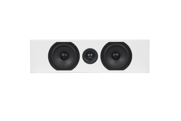 The Totem - Bison Center - Centre Speaker is a white rectangular unit featuring two large black woofers on the left and right sides, with a smaller black tweeter positioned in the center.