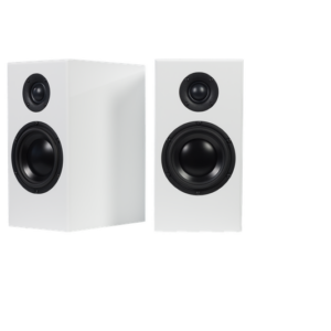 Two white rectangular Totem Bison Monitor bookshelf speakers with black circular drivers positioned side by side, one facing forward and the other turned slightly to the side. Ideal as bookshelf speakers, they deliver clear and precise audio that will elevate any listening experience.