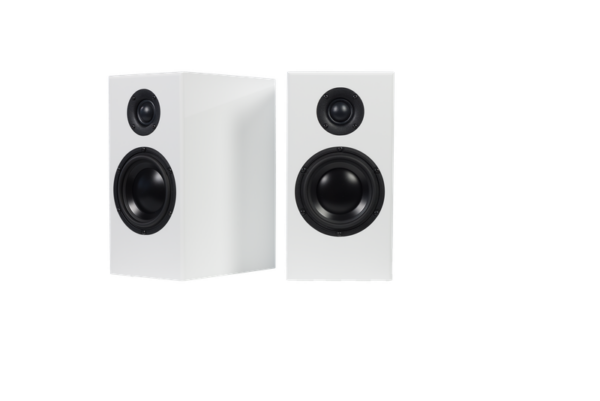 Two white rectangular Totem Bison Monitor bookshelf speakers with black circular drivers positioned side by side, one facing forward and the other turned slightly to the side. Ideal as bookshelf speakers, they deliver clear and precise audio that will elevate any listening experience.