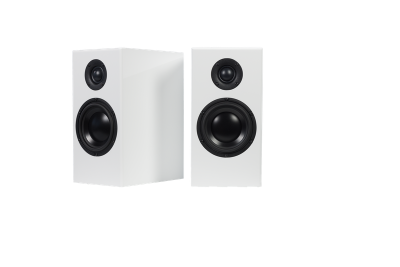 Two white rectangular Totem Bison Monitor bookshelf speakers with black circular drivers positioned side by side, one facing forward and the other turned slightly to the side. Ideal as bookshelf speakers, they deliver clear and precise audio that will elevate any listening experience.