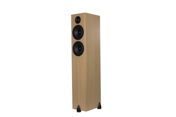 Introducing the Totem - Bison Twin Tower, a pair of wooden floor-standing speakers featuring two large black woofers and one smaller black tweeter.