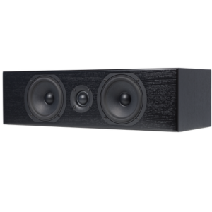 The Totem - Bison Center - Centre Speaker is a black rectangular speaker featuring two large woofers on the sides and a centrally positioned tweeter, engineered for superior audio output.