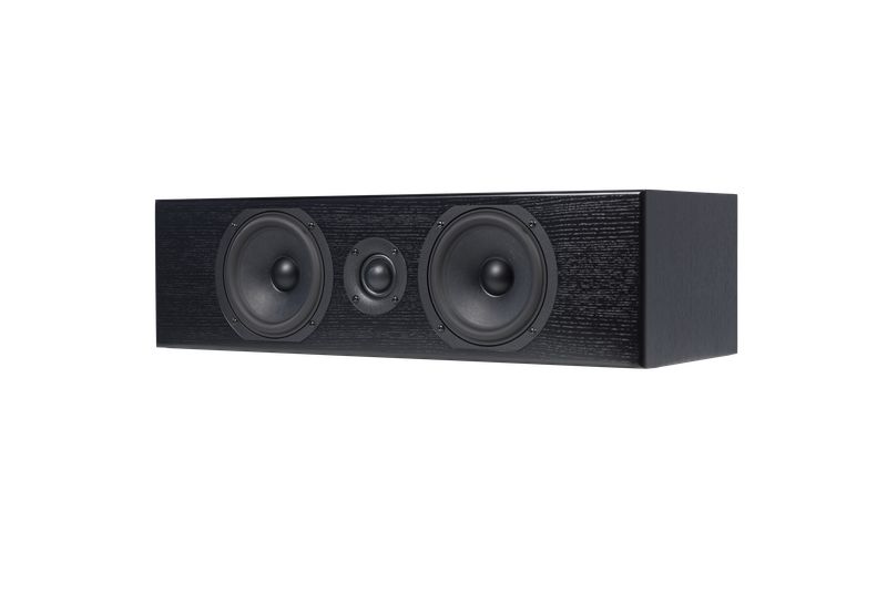 The Totem - Bison Center - Centre Speaker is a black rectangular speaker featuring two large woofers on the sides and a centrally positioned tweeter, engineered for superior audio output.