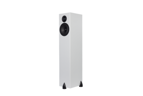 The Totem Bison Tower floor-standing speaker, featuring a white finish and a sleek rectangular design, has a small tweeter and larger woofer arranged vertically on the front.