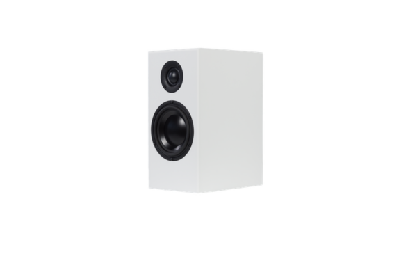 A white rectangular speaker with two circular drivers, one large and one small, on the front face; a perfect addition to your Totem - Bison Monitor - Bookshelf Speakers (Pair) collection.