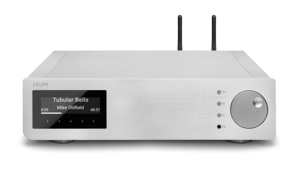 A silver audio player with the AVM - AS 2.3 - Streaming Integrated Amplifier.