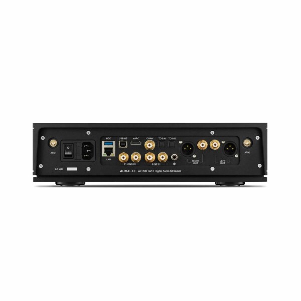 Sentence with product name: Rear view of an Auralic - ALTAIR G2.2 - digital audio streamer showcasing various input and output ports including USB, HDMI, and Ethernet.