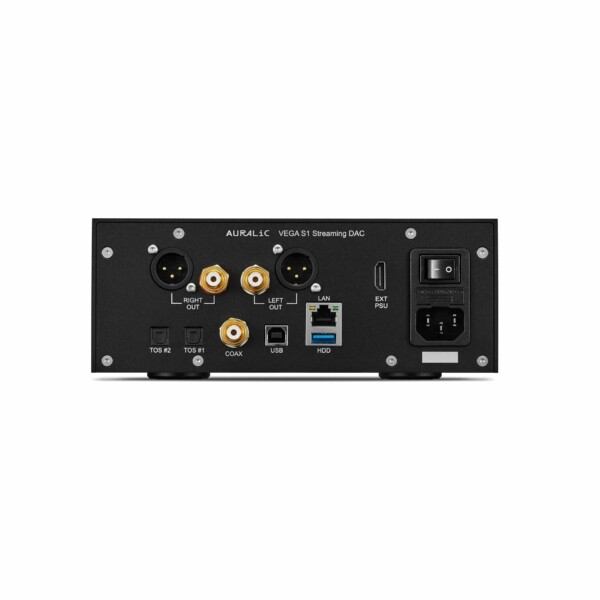 Black Auralic - VEGA S1 - Streaming DAC showing back panel with various audio and digital inputs and outputs, and a power connection.