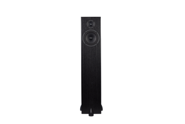 A black Totem Bison Tower floor-standing speaker with two drivers, a smaller one at the top and a larger one below it, set against a white background.