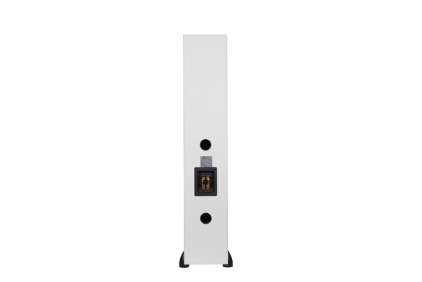 The Totem Bison Twin Tower Floorstanding Speakers feature an elegant, upright design with a tall, slim white silhouette, two circular openings, and a black rectangular speaker grille in the middle section.