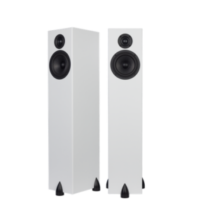 Two sleek white Totem - Bison Tower floor-standing speakers with black circular drivers and triangular feet, positioned side by side.