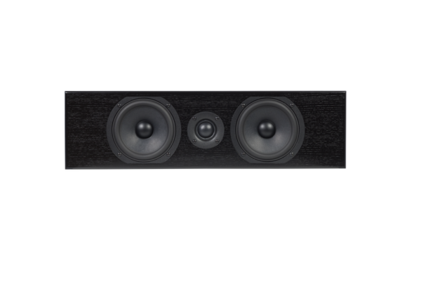 A black rectangular Totem - Bison Center Centre Speaker featuring two large woofers on either side of a smaller tweeter in the center.