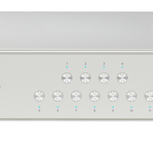 Silver electronic device with multiple buttons and indicator lights on its front panel, designed for audio control.