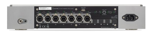 Rear view of an electronic audio device with multiple input/output ports, including six LAN ports, a power input, and various labels and indicators.