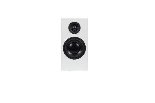 The Totem - Bison Monitor - Bookshelf Speakers (Pair) come in a sleek white design with one small and one large circular black speaker cone on the front, making them a perfect addition to any modern audio setup.