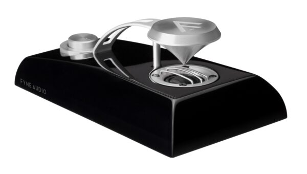 A modern hi-fi speaker component with a sleek, black base and metal accents, including a distinctive cone-shaped element and a branded logo on its side.