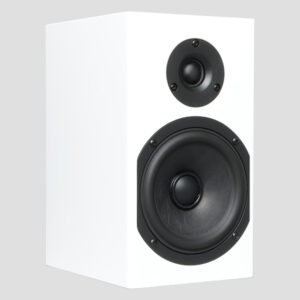 A white Totem LOON Monitor from the Bookshelf Speakers pair, featuring one large woofer and one smaller tweeter, sits on a light gray background, epitomizing the elegance of Totem speakers.