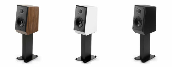 A pair of Epos speaker stands on a white background.