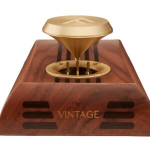 A wooden desktop speaker with gold accents, featuring the word "Vintage" engraved on the front and a gold, cone-shaped speaker on top.