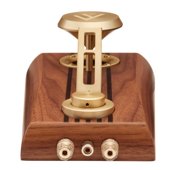 A gold and wooden high-end headphone stand with audio connectors and a branded top displayed from a front view.