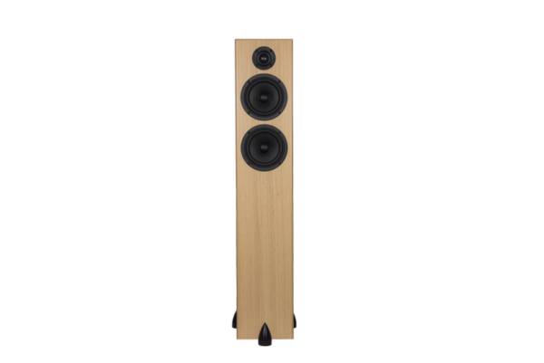 Introducing the Totem Bison Twin Tower: a tall wooden floorstanding speaker with three black, front-facing drivers—one tweeter and two larger woofers—for optimal sound quality.