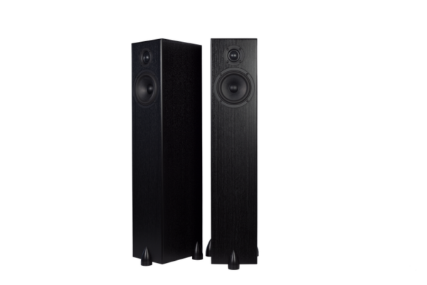 Pair of Totem Bison Tower floorstanding speakers, both black, feature a vertical design with a tweeter and woofer. Their minimalist finish adds elegance as they stand side by side.