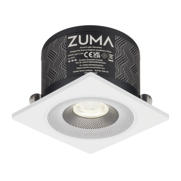 A Square-Shaped Zuma – Luminaire Smart LED Downlight on Black Background.