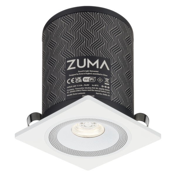The Zuma – Lumisonic Smart Audio Downlight is shown on a black background.