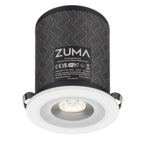 The Zuma – Lumisonic Smart Audio Downlight is shown on a black background.