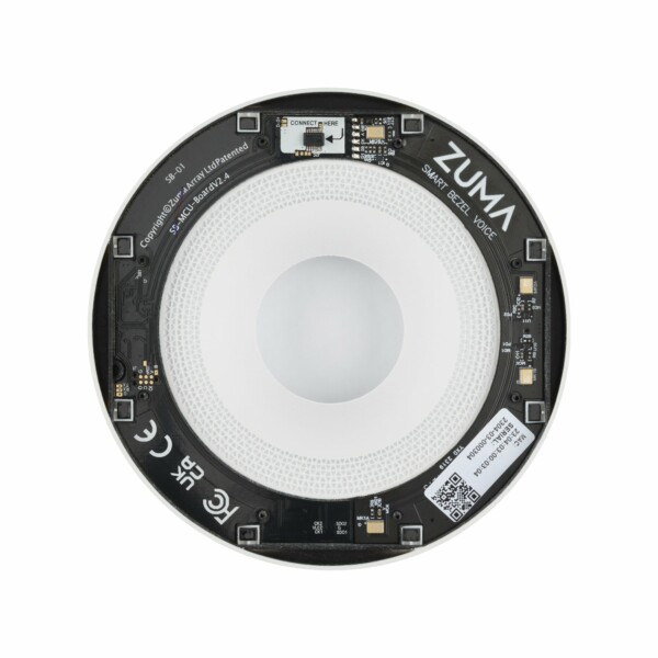 An image of a circular led light on a white background enhanced with Zuma – Smart Bezel Voice.