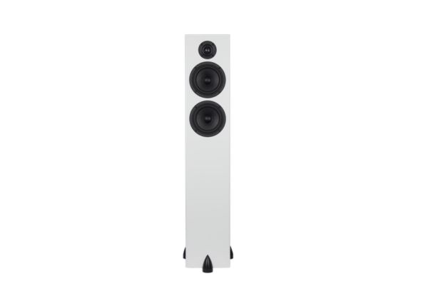 The Totem Bison Twin Tower floor-standing speaker is a tall, white unit featuring three black circular drivers: a tweeter at the top and two woofers below.