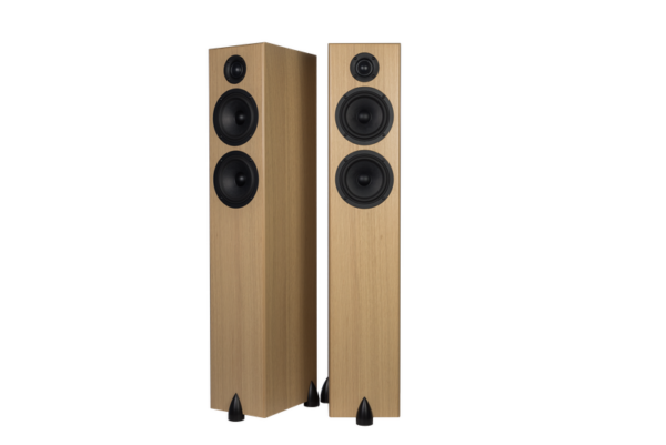 Two tall, wooden Totem Bison Twin Tower floorstanding speakers (pair) featuring black drivers and pointed stands.