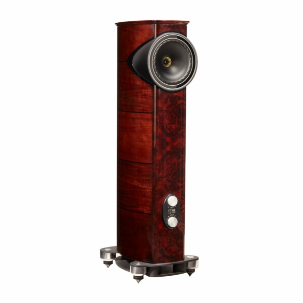 A Fyne Audio - F1-8S - floor standing speaker with a wooden stand on a black background.