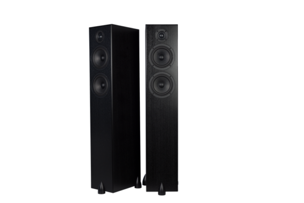 The Totem Bison Twin Tower floorstanding speakers, featuring three circular driver units each, stand majestically against a white background.