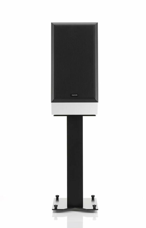 A black and white Epos - ES14N Speaker Stand stands on a white background.