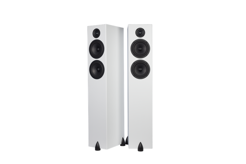 Two Totem Bison Twin Tower floorstanding speakers, featuring black drivers and tweeters, positioned side by side against a white background.