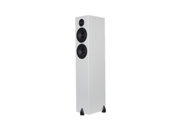 The Totem Bison Twin Tower floorstanding speaker, available in a striking white finish, features three circular drivers: two larger ones centrally placed and a smaller one at the top. Its minimalist design stands out against a plain background, making it a captivating addition to any modern home audio setup.