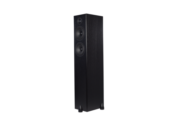 The Totem Bison Twin Tower exudes elegance as a sleek black floorstanding speaker featuring two large drivers and a smaller tweeter, all set against a pristine white background.