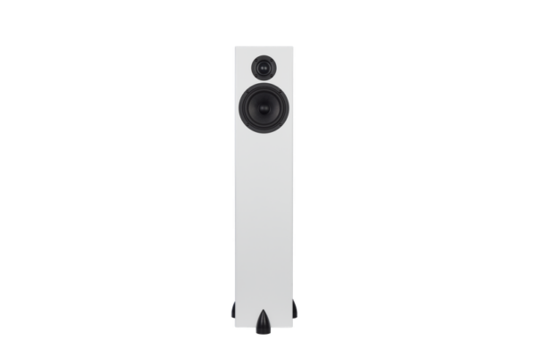 The Totem Bison Tower floorstanding speakers showcase a sophisticated white design, incorporating a larger woofer beneath a smaller tweeter, all gracefully supported by a robust black base.